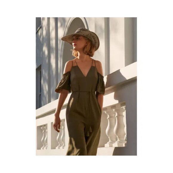 Caara Green Cold Shoulder Linen Blend Wide Leg Jumper Jumpsuit 41375 - Picture 3 of 10